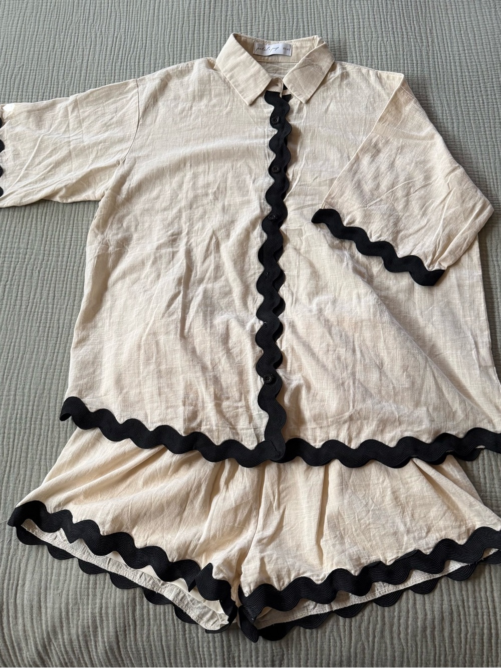 Petal & Pup Cream Button-Up Blouse with Black Ric-Rac Trim